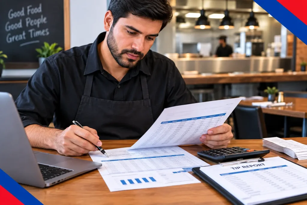 Restaurant manager reviewing payroll and tip reporting records